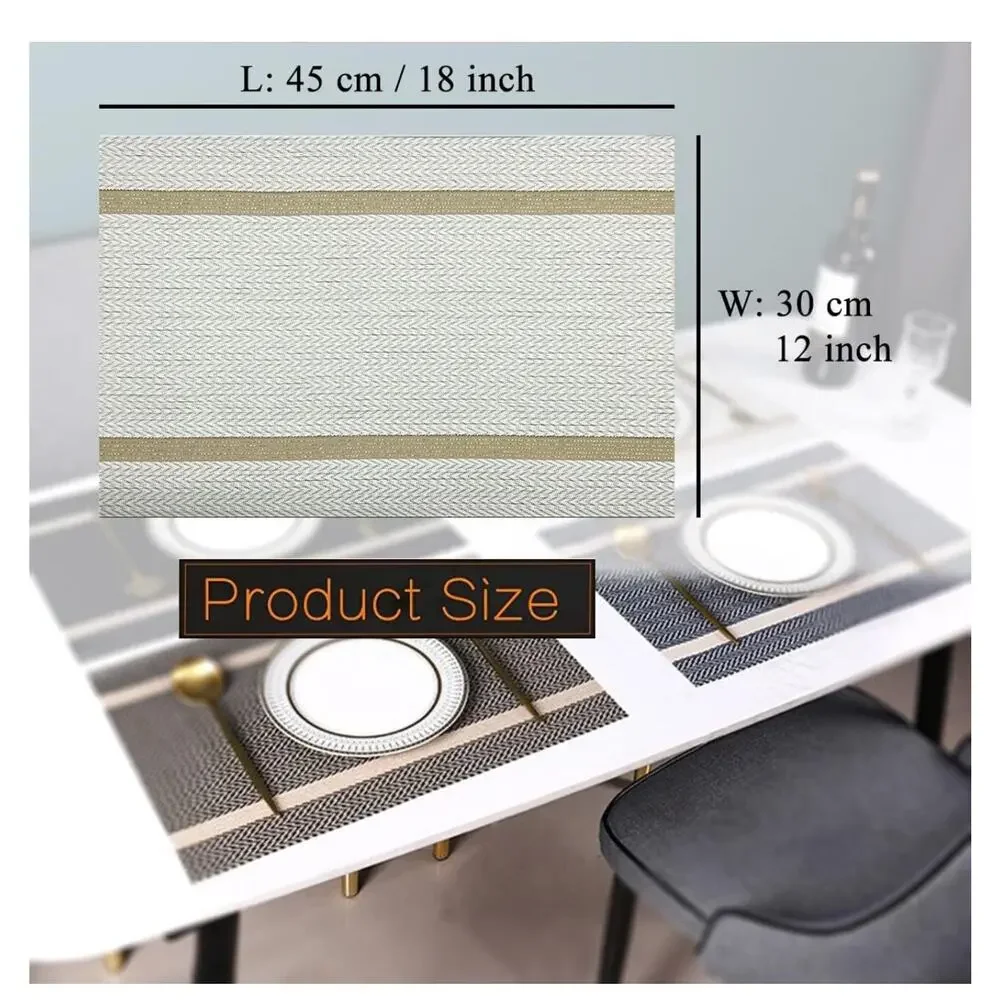 Set Of 4 Dining Table Mats Washable Vinyl Placemats White Woven‎ Texture Gold